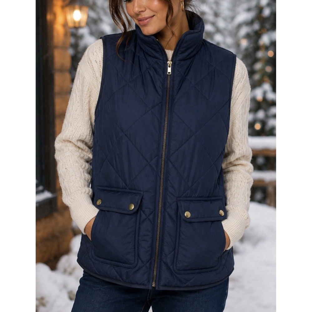 J.Crew Puffer Vest Women's XS Blue Quilted Full Zip Stand Collar Snap Pockets